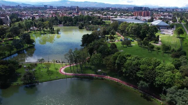 Drone Shot, Parque de los Novios in Bogota, Colombia. Lake and Green Landscape