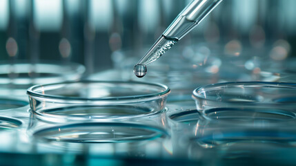 Scientific pipette dropping liquid into petri dish for laboratory research