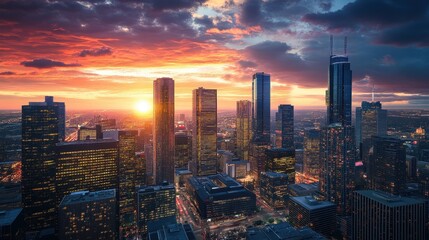 Fototapeta premium A stunning sunset over a modern city skyline, showcasing tall buildings and vibrant colors.