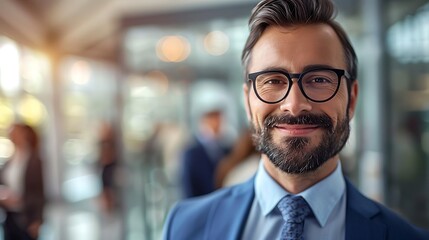 Fototapeta premium portrait of a businessman in an office setting smiling at the camera. The man is wearing a suit, tie, and glasses. The photo conveys a sense of confidence, success, and professionalism.