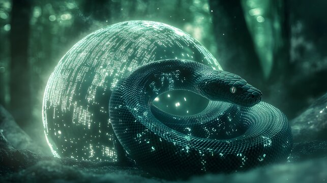 A python coiled around a glowing digital orb, its body covered in a fine mesh of Python code, illuminated by the soft glow of the orb, the blend of organic and digital textures creating a serene and