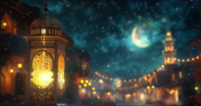 Video Recreation of islamic muslim lantern light on at night	
