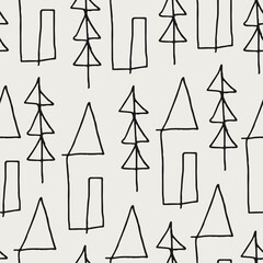 Seamless pattern of cute houses and trees. Template for Notebook covers, pattern for wallpapers, textile etc. Doodle vector illustration. Childish naive art style