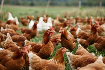 Free-range chickens in a lush green field