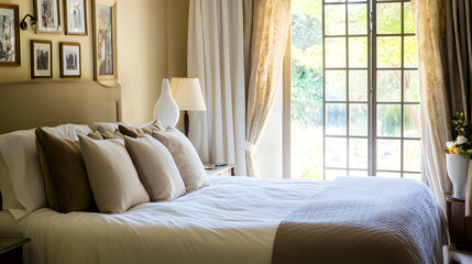 A tranquil bedroom bathed in natural light, featuring a comfortable bed with fluffy pillows and a personal touch of photos and mementos on the walls.