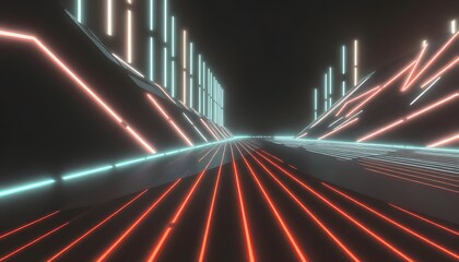 Futuristic tunnel with glowing red and green lights lining the walls and floor, creating a vibrant and dynamic perspective