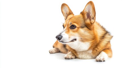 Close-up portrait of a brown and white dog lying on a white background, looking to the left.