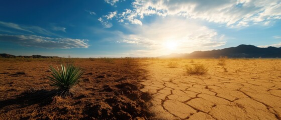 A breathtaking landscape showcasing the contrast between a thriving plant and a dry, cracked terrain under a radiant sky.