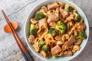 Asian style beef, noodles, mushrooms and broccoli in one bowl close-up on table. Horizontal top view from above