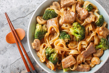 Asian stir fry with with beef, broccoli, noodles and mushrooms in garlic soy sauce closeup on the bowl on the table. Horizontal top view from above