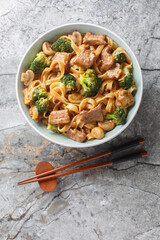 Homemade Beef Noodles with mushrooms and Broccoli closeup on the bowl on the table. Vertical top view from above