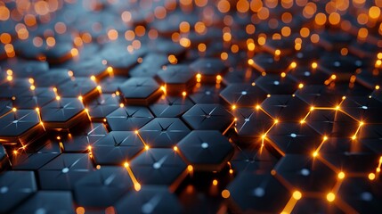Fototapeta premium A mesmerizing surface of hexagons illuminated by glowing orange lights, creating a vibrant and dynamic backdrop.