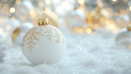 Decorative white Christmas ornament with gold snowflake design on a bed of sparkling snow, captured during the holiday season