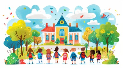 A group of cheerful students with backpacks walking towards a colorful school building surrounded by trees and clouds cartoon Vector Illustration