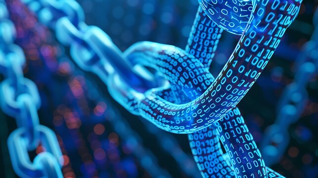 Close-up of digital chain with binary code on its surface glowing blue and appearing made of glass or plastic for representation of blockchain data security and transparent technology concept.