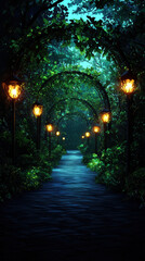 Gothic archway, flickering lanterns, winding path, Watercolor style