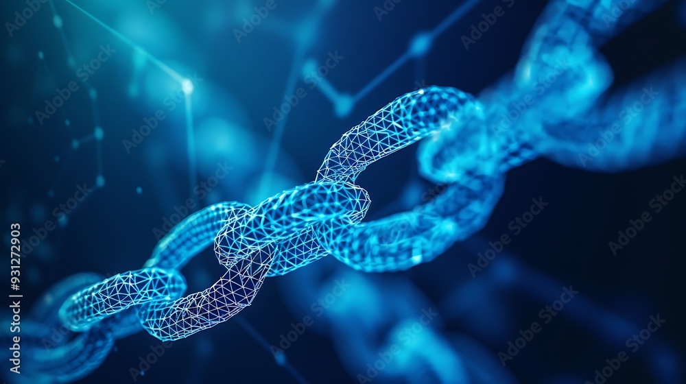 Poster Close-up of chain link rendered in digital futuristic style showcasing connection and network of data for representation of blockchain technology security and digital connectivity concept.