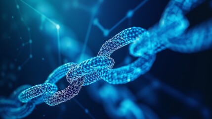 Close-up of chain link rendered in digital futuristic style showcasing connection and network of data for representation of blockchain technology security and digital connectivity concept.