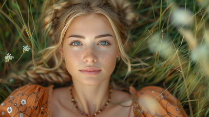 Gorgeous Stunning Norwegian Woman in Vibrant Colourful Traditional Dress with Flower Wreath , Handcrafted Embroidered Cultural Attire in Summer Mountain Grass Field, Showcasing European Culture