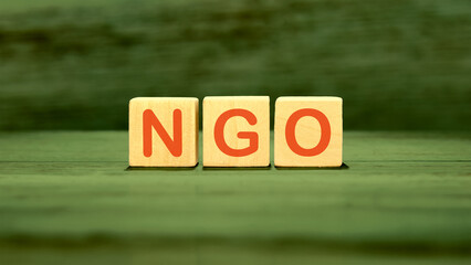 NGO (Non-Governmental Organization) sign assembled from wooden cubes on a green background