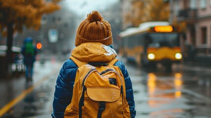 Rear back view of little toddler boy wearing backpack and jacket, waiting on a public transport stop station for a yellow school bus travel, transition from summer break to the classroom