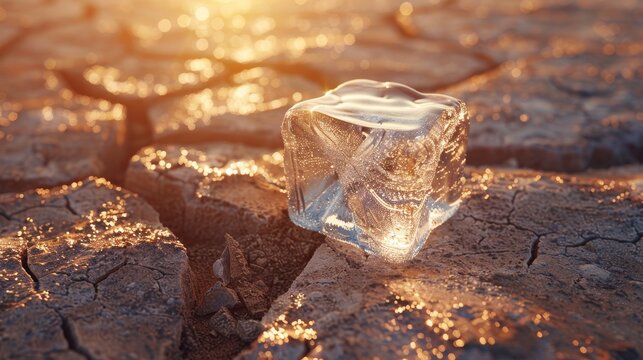 A single ice cube rests on a cracked earth surface, glistening in the sunlight, symbolizing climate change and water scarcity.