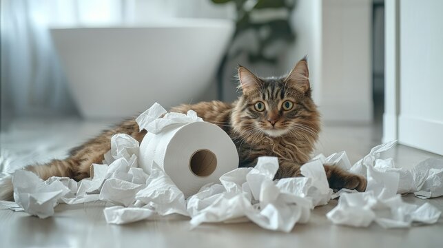 a mischievous cat tangled in a roll of toilet paper