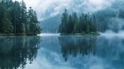 Misty Lake with Island of Trees