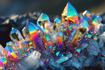A holographic crystal cluster, with each crystal reflecting and refracting light into rainbow colors