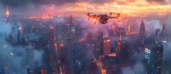 Futuristic Cityscape with Automated Drones Delivering Packages to Skyscraper Rooftops in Vibrant Colorful