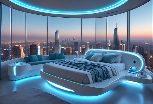 Futuristic sky-blue and cyan toned bedroom