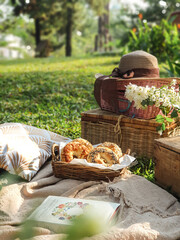 Picnic in garden. Reading books. Breakfast bagels in park. Summer vibes.