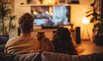 Fototapeta premium A couple and their cat watch TV together. AI.