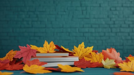 Fall study environment, scattered autumn leaves, educational materials, 3D illustration
