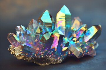A holographic crystal cluster, with each crystal reflecting and refracting light into rainbow colors
