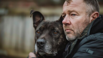 A man and his dog share a moment of companionship. AI.
