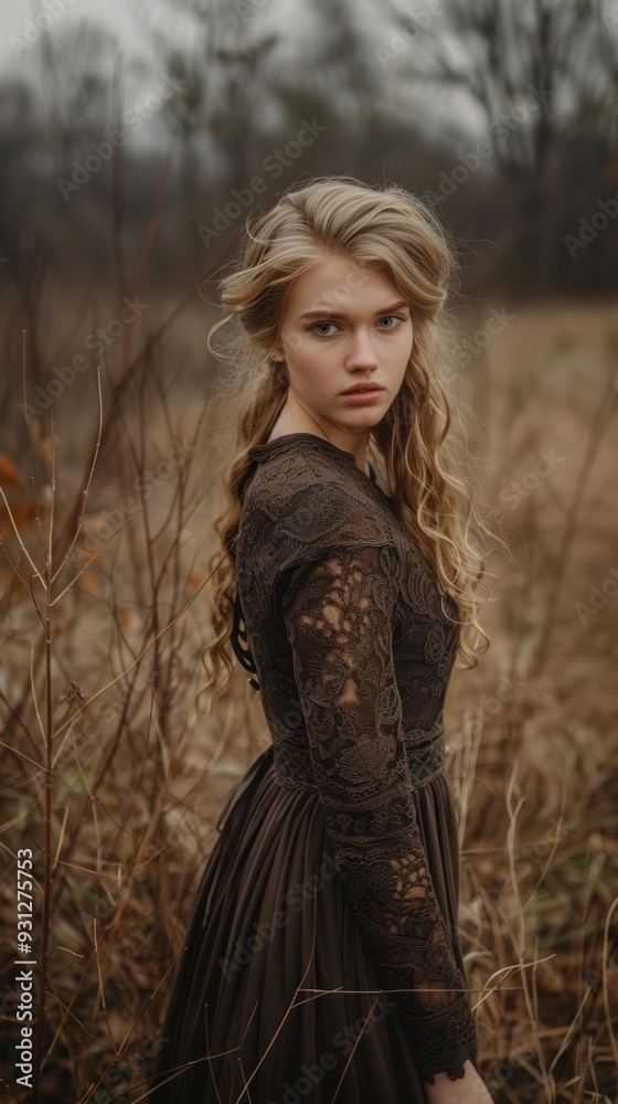 Poster a woman in a brown lace dress stands in a field of tall grass. ai.