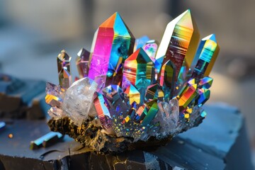 A holographic crystal cluster, with each crystal reflecting and refracting light into rainbow colors