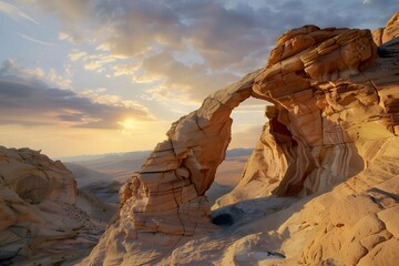 A sandstone arch with the setting sun casting a warm glow on the rock, creating a stunning contrast with the cool desert twilight. Art Media: Photographic. Realistic set.