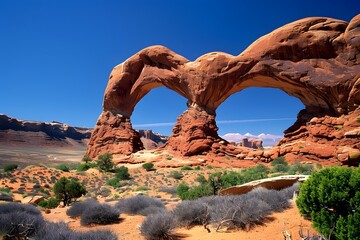 A grand sandstone arch towering in the midst of a vast desert landscape, with a clear blue sky overhead. Art Media: Photographic. Realistic set.