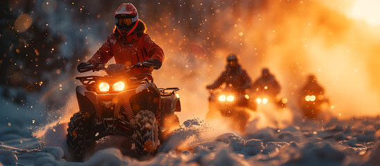 Group of Adventurers Riding ATVs Through Rugged Snowy Terrain in Dramatic Winter Storm Conditions