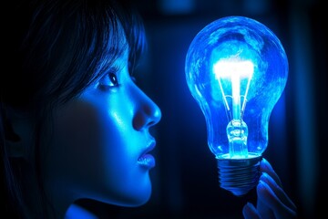 Obraz premium Young woman illuminated by a blue light bulb in a contemplative moment representing innovation in a technological era