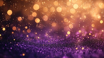 Sparkling purple background with golden bokeh. Perfect for holiday cards, invitations, and festive designs.