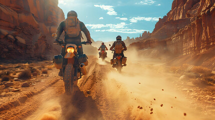 Group of Friends Riding Dirt Bikes Through Rugged Desert Landscape in Adventure Expedition