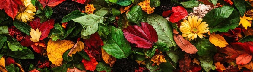 A vibrant display of assorted flowers and leaves showcasing nature's rich colors and textures, perfect for seasonal decor.
