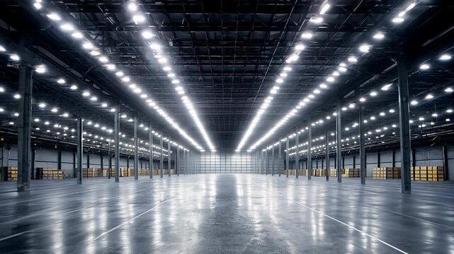 Warehouse interior with LED lighting, industry building, distribution retail center, part of storage and shipping system..