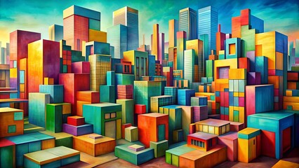 Obraz premium Abstract cubist cityscape with vibrant colors and geometric shapes, depicting a modern and dynamic urban environment