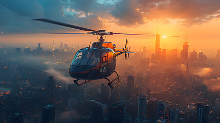 Helicopter Soaring Over Glowing Cityscape at Dramatic Sunrise or Sunset