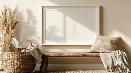 Close-up of a vertical mockup frame with a thick, white border, resting on a rustic wooden bench. The frame is surrounded by cozy elements, such as a woven basket and a plush throw pillow. The wall