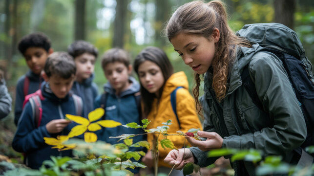 Group of young students observing forest plants, guided by their female teacher,